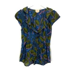 Anthropologie Blue and Green Ruffle Blouse
